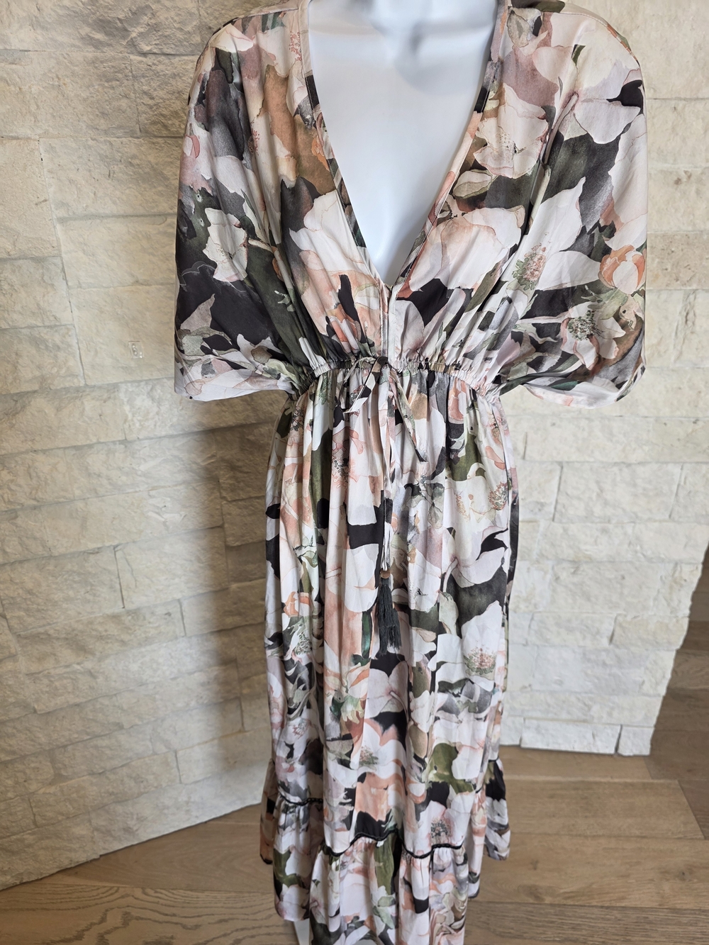 Floral V-Neck Midi Dress in Blush and Olive